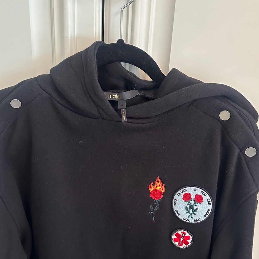 Maje Black Hoodie with Rose and Flame Embroidery